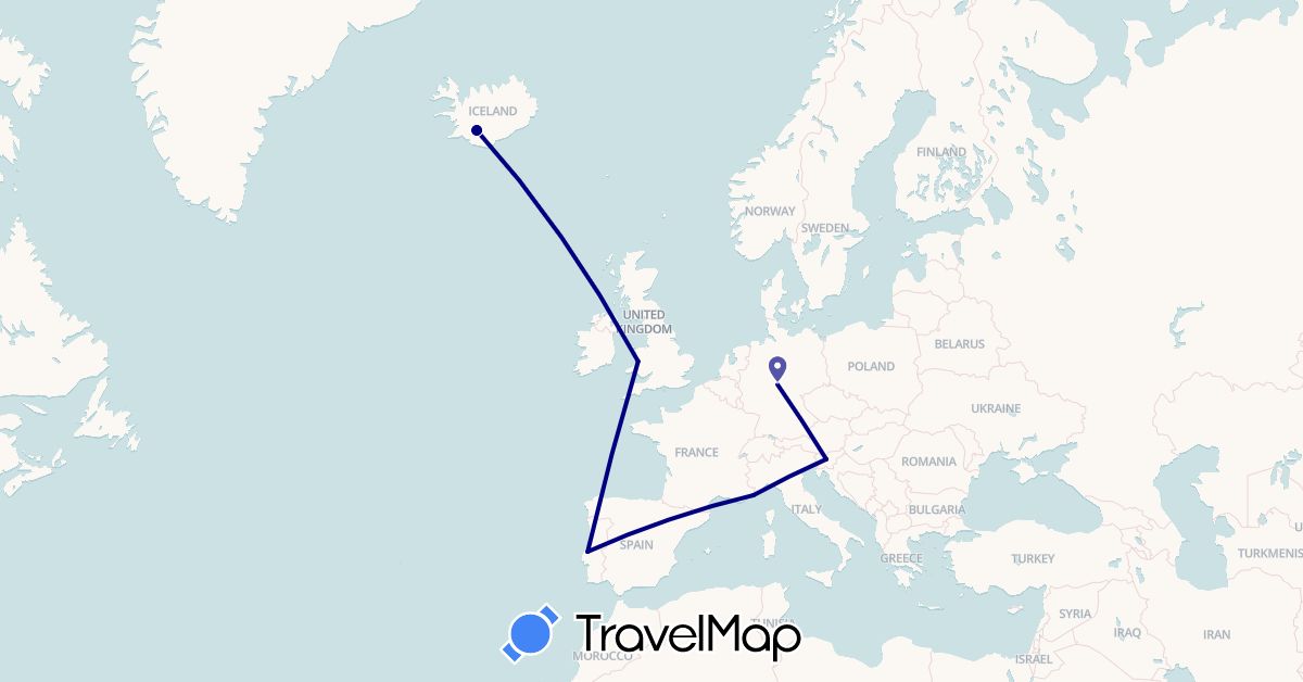 TravelMap itinerary: driving in Germany, United Kingdom, Iceland, Monaco, Portugal, Slovenia (Europe)
